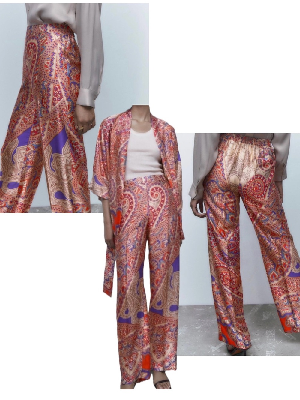 Zara Paisley Satin Wide Leg Pants XS High Rise Boho Printed Palazzo Trousers